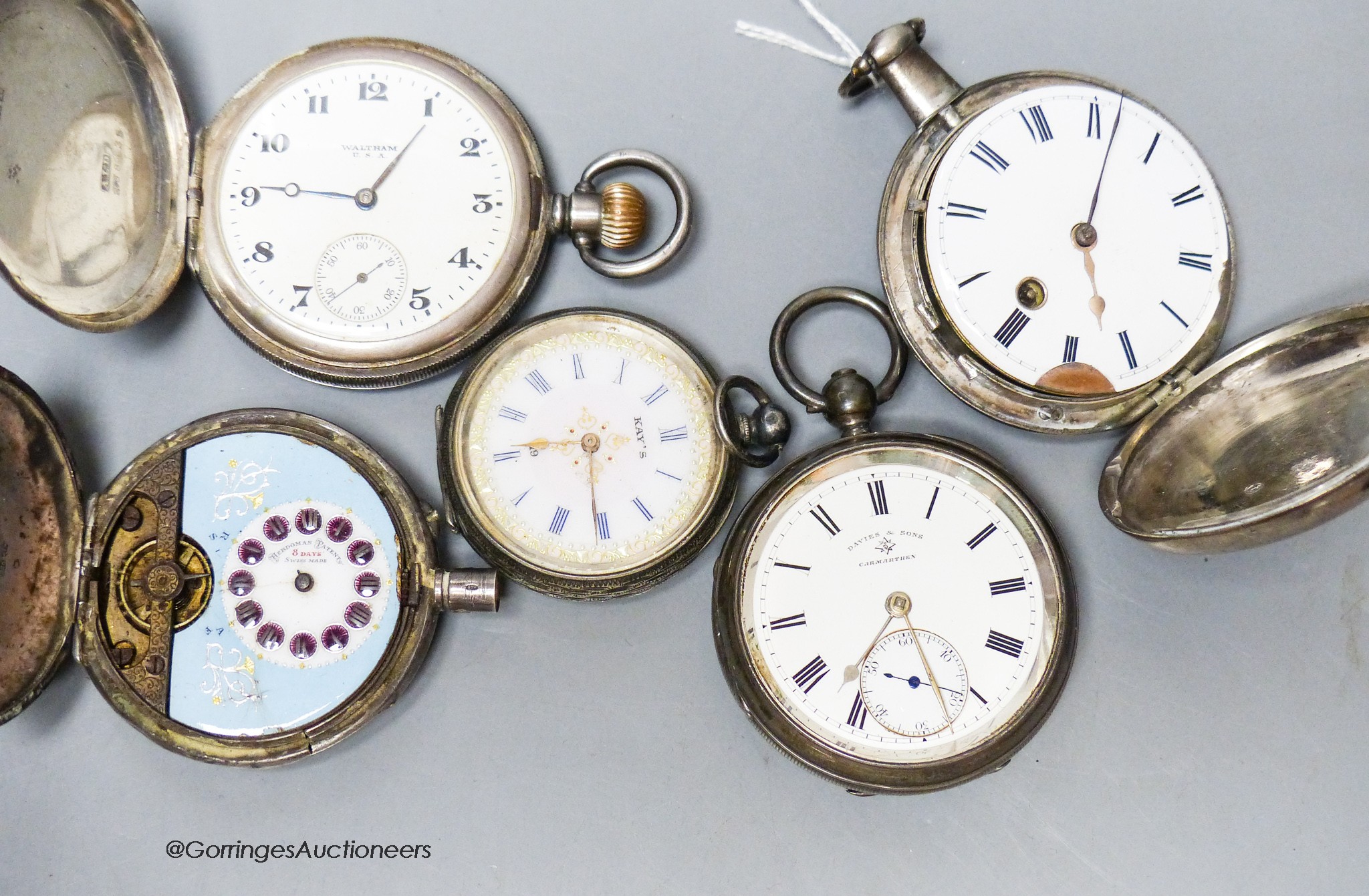 A George III silver hunter pocket watch, by Cameron, Liverpool(a.f.), two other silver pocket watches by Davies & Son & Waltham, a Swiss 935 case fob watch and a silver and enamel Hebdomas pocket watch(a.f.).